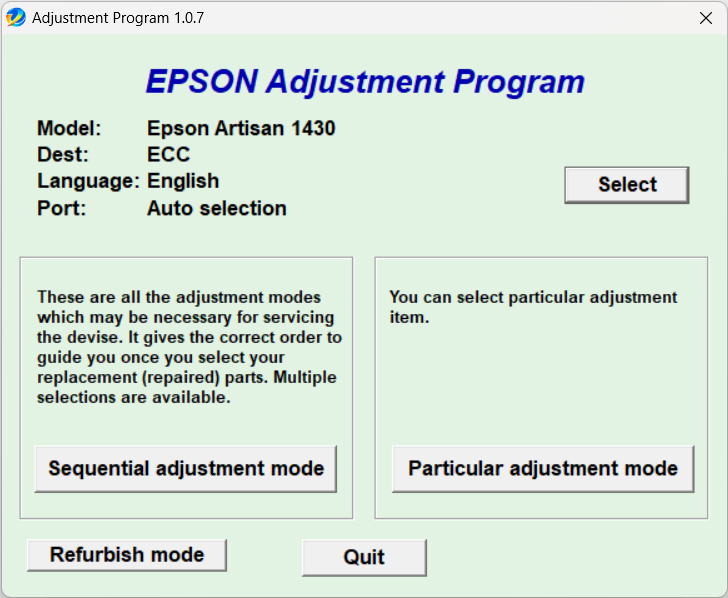 Epson Artisan 1430 Resetter