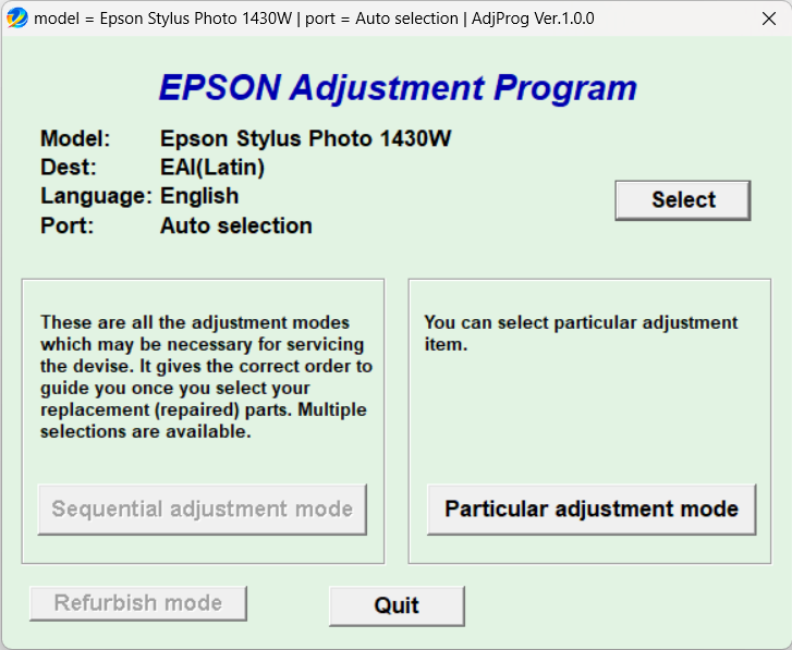 Epson Stylus Photo 1430W Resetter