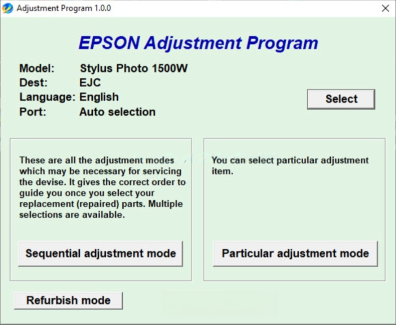 Screenshot – Resetter Epson 1500W